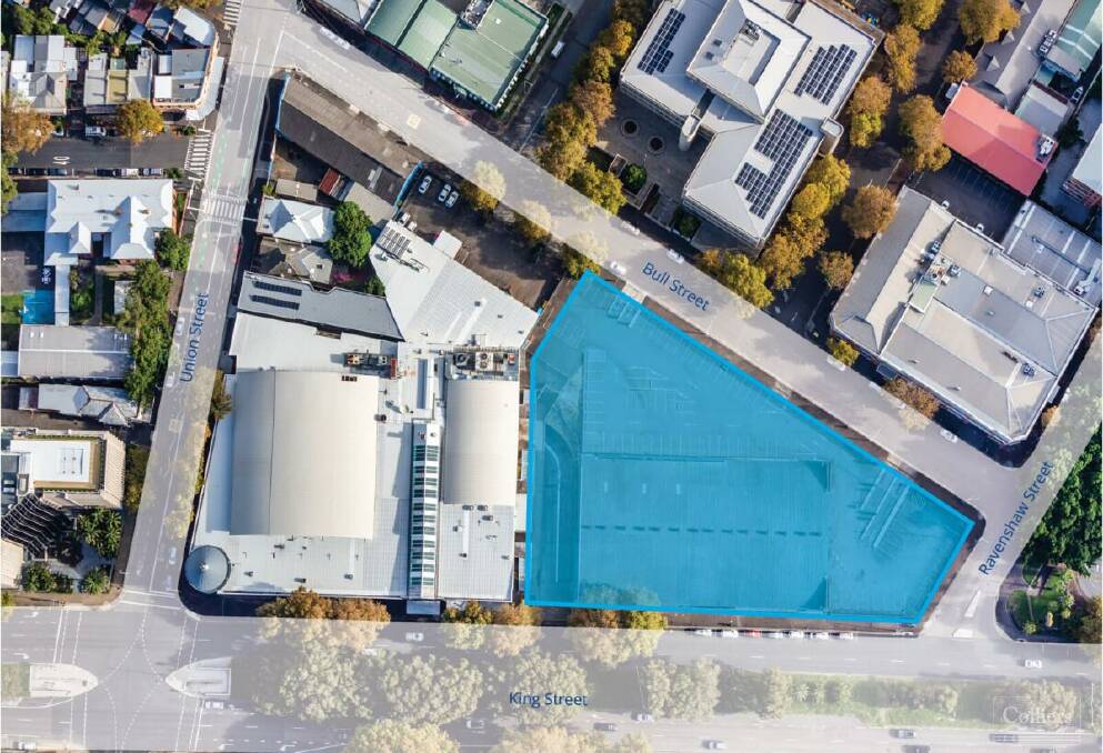 The redevelopment site, marked in blue, between King and Bull streets. 