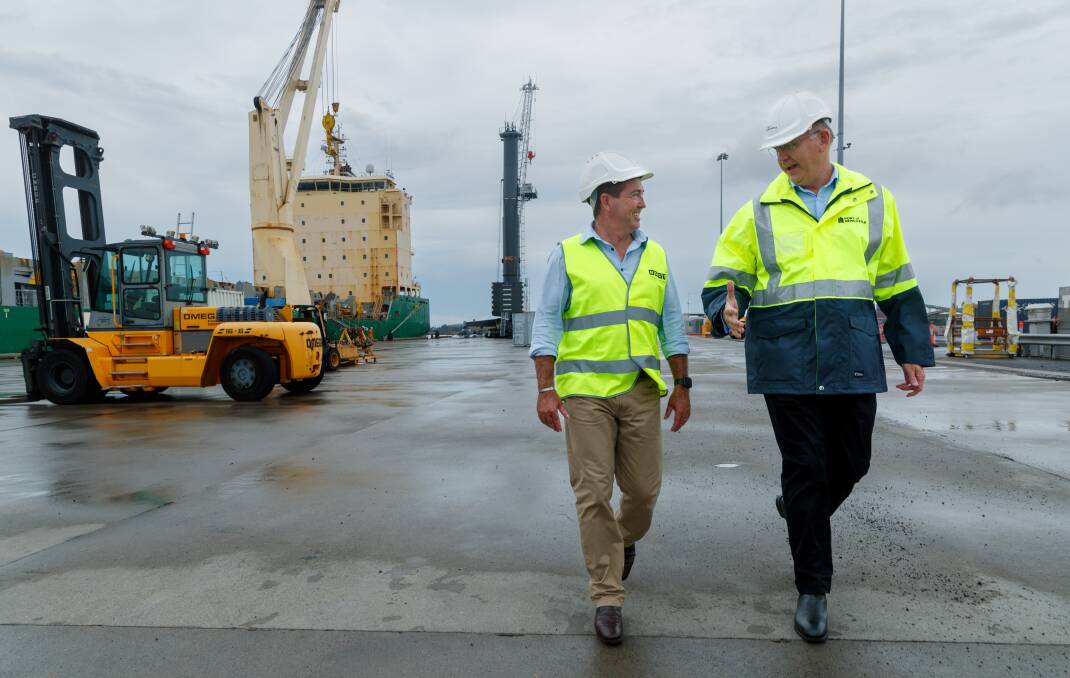 Craig Carmody, right, with Deputy Premier Paul Toole at a media event at the site of the port's proposed container terminal on Monday. Picture by Max Mason-Hubers