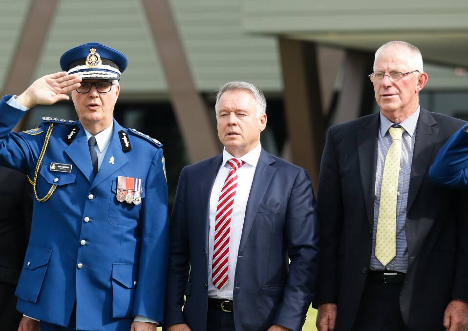 NOT HAPPY: Joel Fitzgibbon, centre, at the opening of an extension to Shortland Correctional Centre on Monday. Picture: Jonathan Carroll