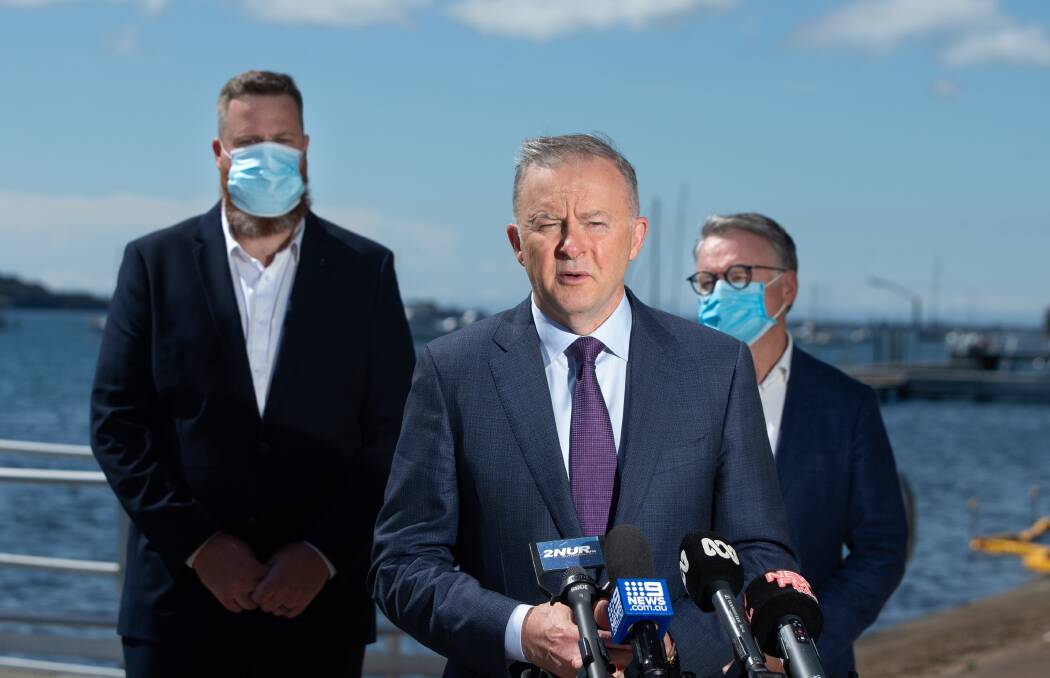 MAKING A PITCH: Anthony Albanese launches Daniel Repacholi's campaign at Toronto on Thursday with departing Hunter MP Joel Fitzgibbon. Picture: Marina Neil