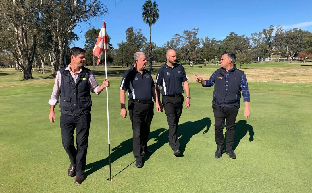 FINAL RUN: Nationals candidate Dave Layzell, left, and Deputy Premier John Barilaro, right, at Muswellbrook Golf Club on Thursday.
