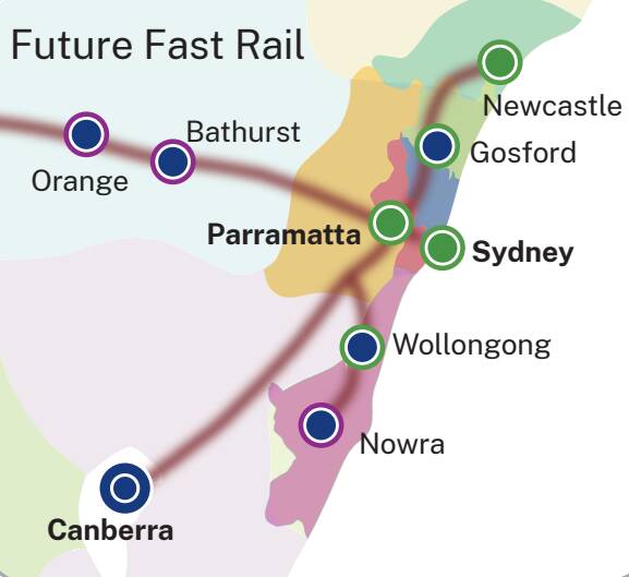 A map from the Future Transport Strategy showing the proposed fast rail line network.
