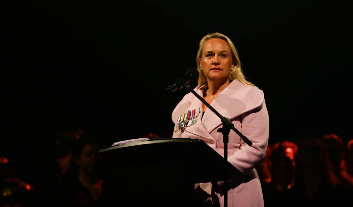 WAR WOUNDS: Lord mayor Nuatali Nelmes addressing the crowd on Thursday. Picture: Jonathan Carroll