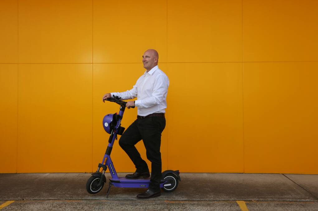 Dantia chief Joshua Sattler says a fleet of purple e-scooters will soon roll out to shared pathways in Lake Macquarie. It follows the launch of the Beam e-bikes in July. Pictures by Simone De Peak
