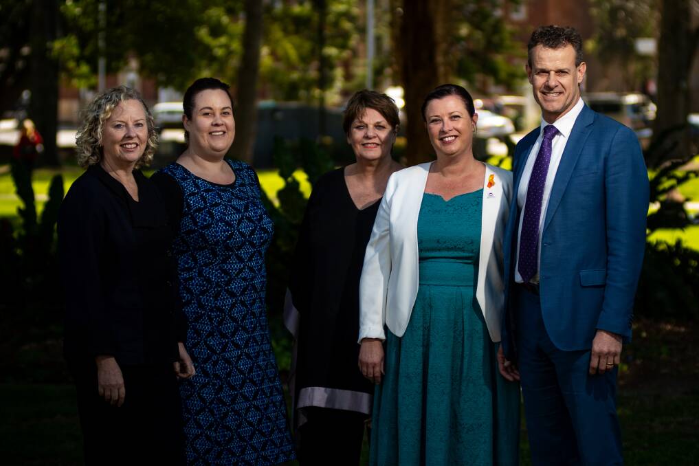 Action: From left, Sharon Claydon MP, Tegan Cotterill from LifeSpan Newcastle, Dr June Anderson, of Lifeline, Everymind director Jaelea Skehan, and Tim Crakenthorp MP. Picture: Simon McCarthy
