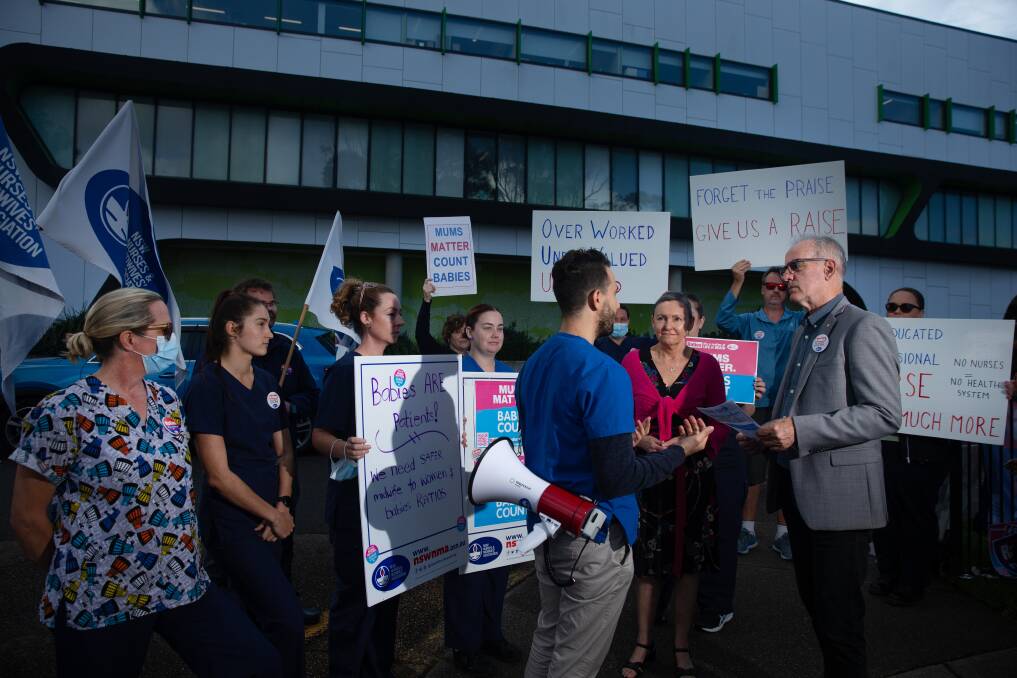 Listen up: Union members and delegates spoke to state MPs Sonia Hornery and Greg Piper at the hospital rally. Picture: Marina Neil