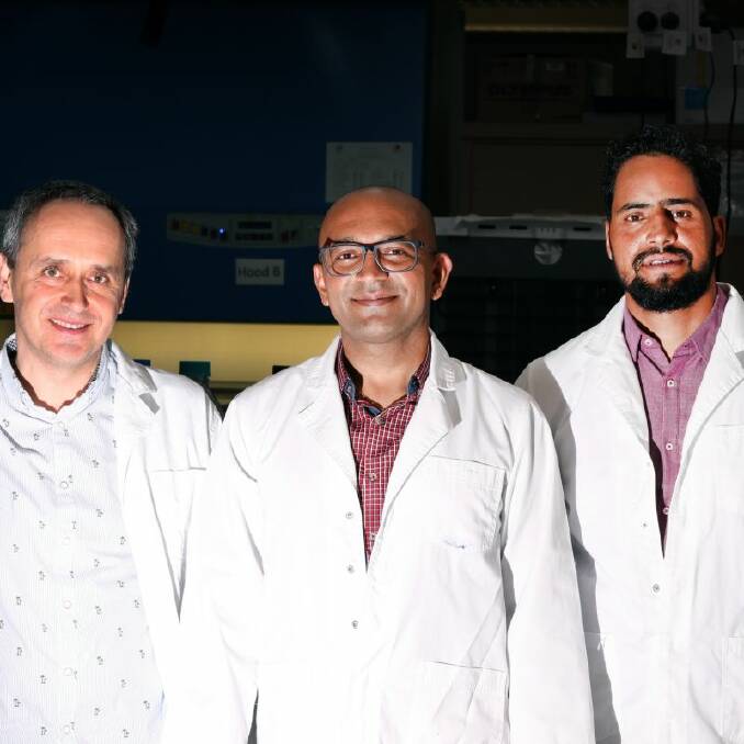 Associate Professor Pradeep Tanwar (centre) with research team colleagues Dr Dariusz Alterman (left) and Dr Shafiq Syed (right).