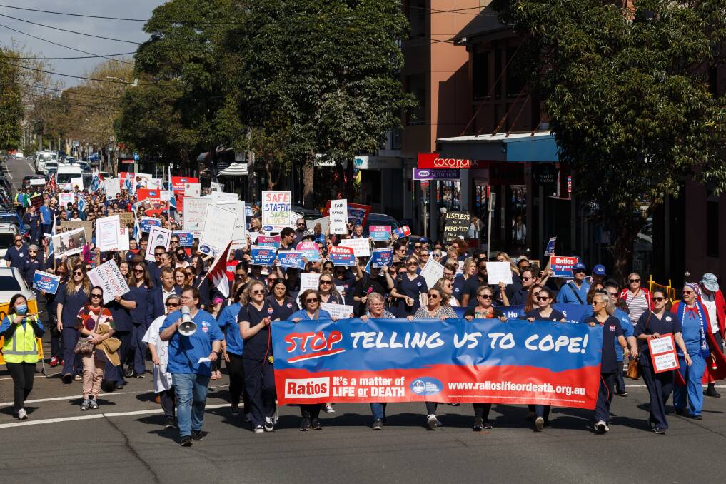 Hunter nurses and midwives marched to Civic Park on Thursday as part of 24-hour strike action. Picture by Max Mason-Hubers