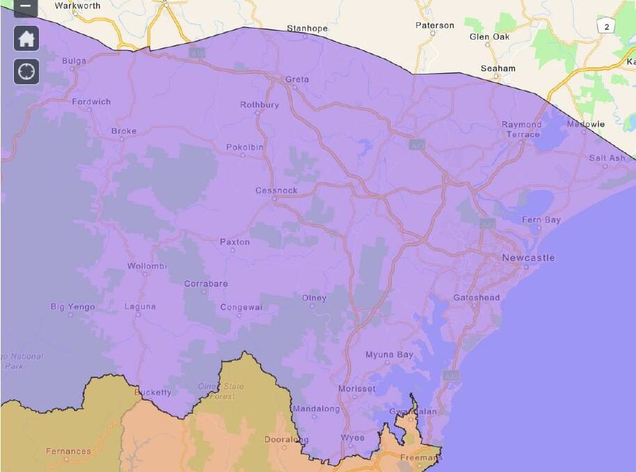 The purple zone shows the 50 kilometre radius around the outer boundaries of the Greater Sydney area where workers do not have to undergo weekly surveillance testing.