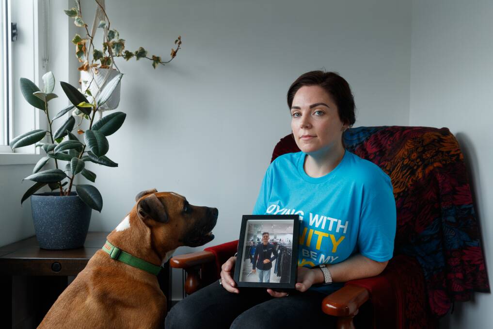 Driving change: Abbey Egan - pictured at home in Islington with her dog, Winston - has been advocating for assisted dying legislation since losing her partner, Jayde Britton, to cancer in 2018. Picture: Max Mason-Hubers