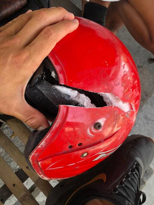 Hard hit: What's left of Lawson's helmet after the accident.