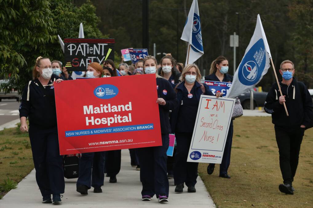 Untenable: NSW Nurses and Midwives Association members walked out after finishing the night shift at Maitland Hospital on Thursday. Picture: Simone De Peak