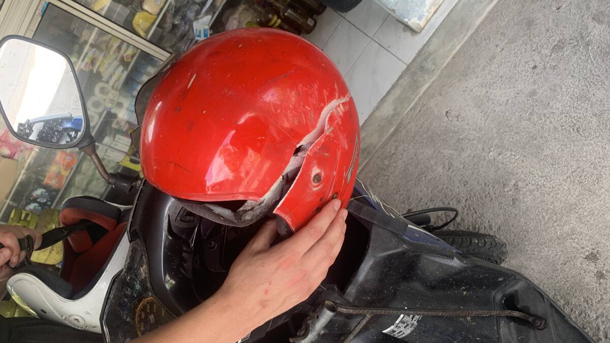 Cracked: Lawson's helmet.