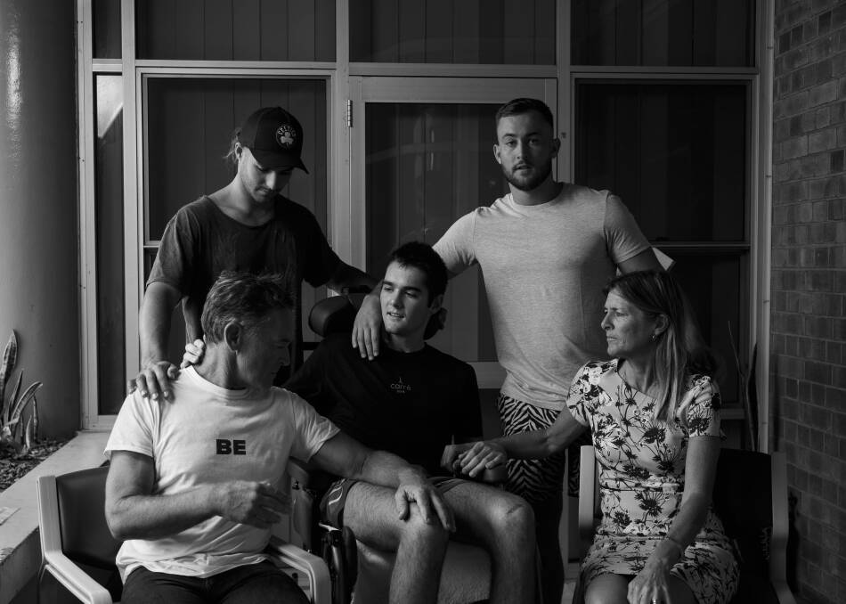 Road to recovery: Lawson Rankin with his parents Phillip and Therese, and brothers Nelson and Campbell, at the Rankin Park Centre. Picture: Max Mason-Hubers