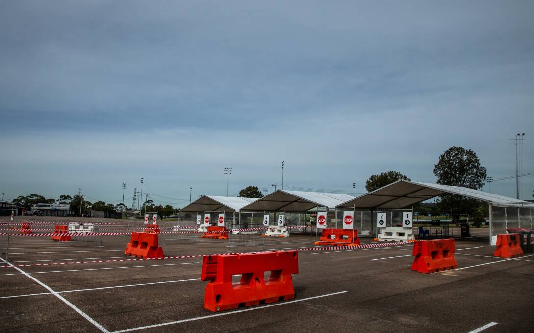 Mega: The new six-lane drive-through COVID-19 testing clinic is open at McDonald Jones Stadium from 8am today until May 17. Picture: Marina Neil