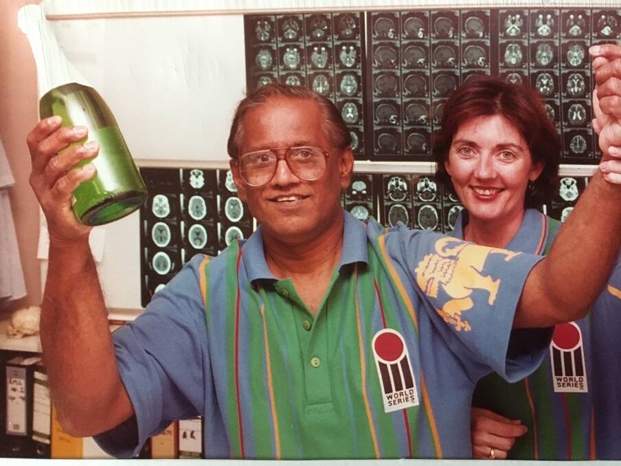 Dr D: Ajith de Silva celebrating with a colleague in the paper after Sri Lanka's 1996 Cricket World Cup win.