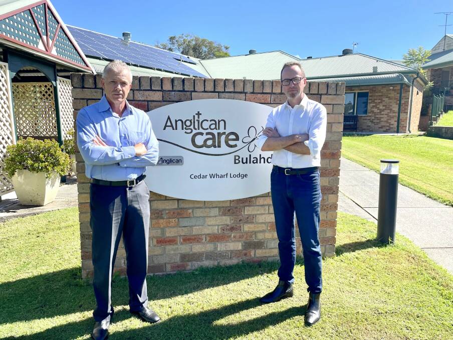 Funding: Greens' candidates Karl Attenborough and David Shoebridge at the closing Cedar Wharf Lodge in Bulahdelah on Tuesday to call for a $6 billion injection into aged care funding.