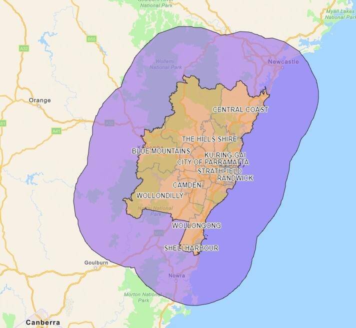The purple zone shows the 50 kilometre radius around the outer boundaries of the Greater Sydney area where workers do not have to undergo weekly surveillance testing.