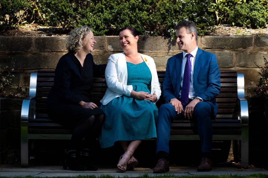 Action: Federal Member for Newcastle, Sharon Claydon, Everymind director Jaelea Skehan, and State Member for Newcastle, Tim Crakanthorp. Picture: Simon McCarthy