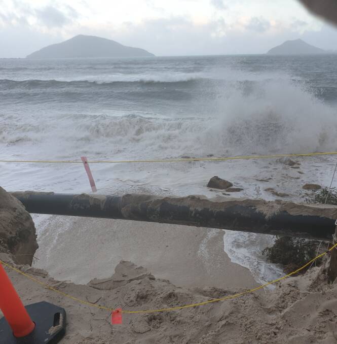 Relentless: Part of the Jimmys Beach sand transfer system exposed on Thursday afternoon. Picture: Gordon Grainger