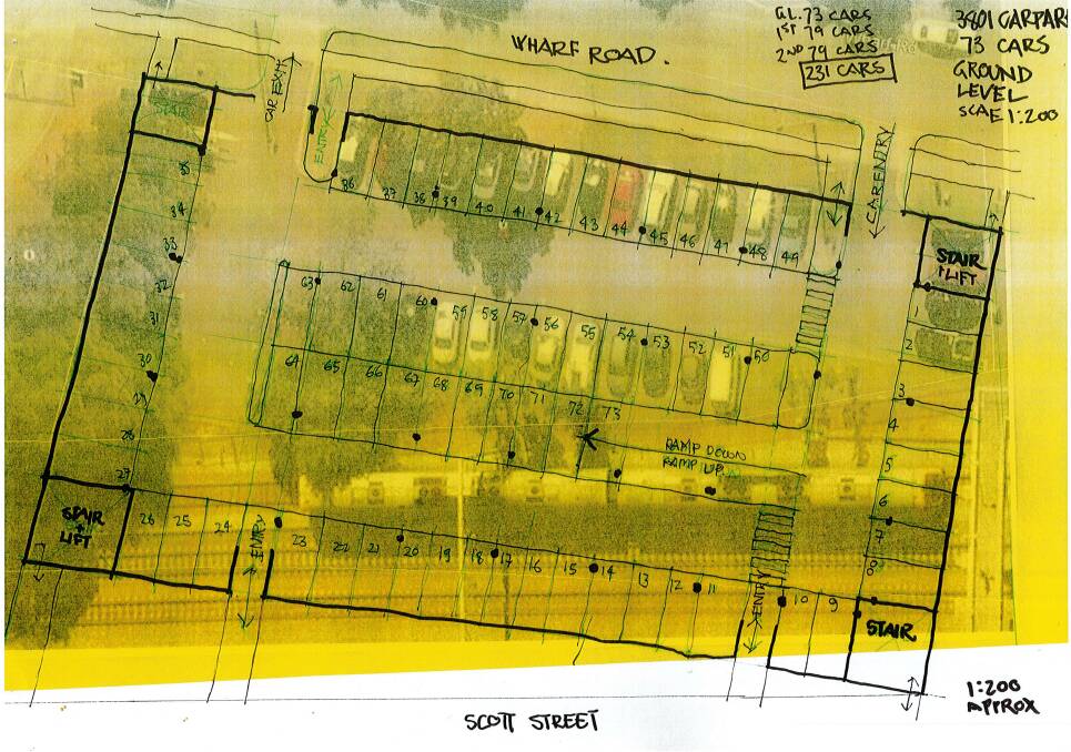 Option: A sketch of a car possible multi-level car park at between Wharf Road and Scott Street.