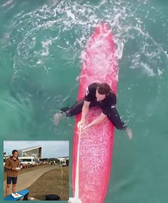 DELIVERING THE PAYLOAD: University of Newcastle student Matt Evans uses a drone to fly a donut to a surfer from the shore at Crescent Head.