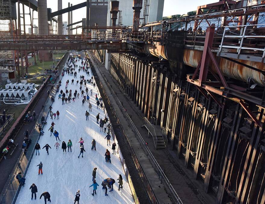 New life: People skate at former coking plant Zollverein in Essen, Germany. The World Heritage site used to make coke at 1,832 degrees Fahrenheit.