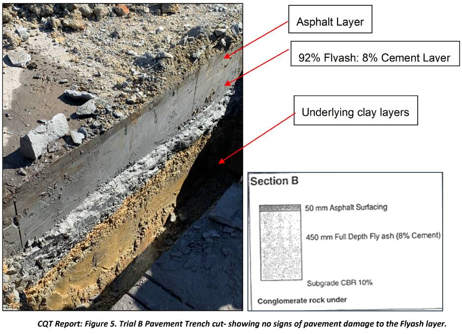 A cross section of high fly ash content road base trial at Eraring. Picture: Origin Energy.