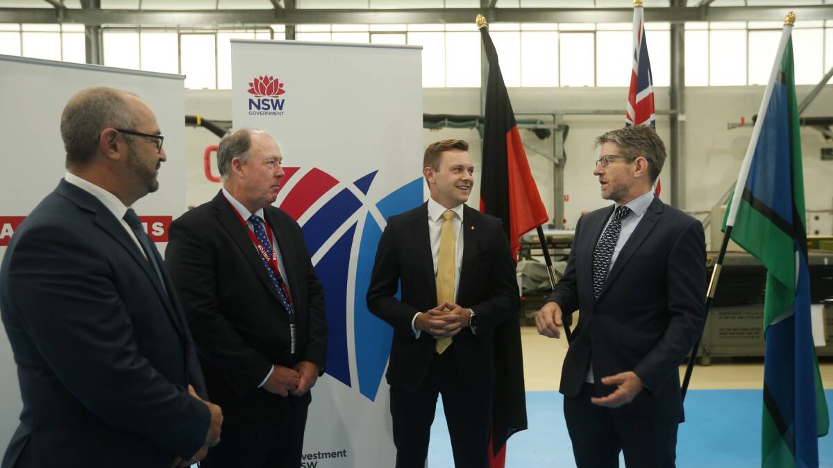 From left Andrew Gresham Managing Director - Defence Delivery at BAE System, Mike Gallagher Investment NSW Director Defence and Aerospace, Taylor Martin Parliamentary Secretary for the Hunter and Andrew Chapman BAE Director Aircraft Sustainment and Training at BAE Systems Australia in Williamtown regarding announcement on support for BAE. Picture: Simone DePeak.