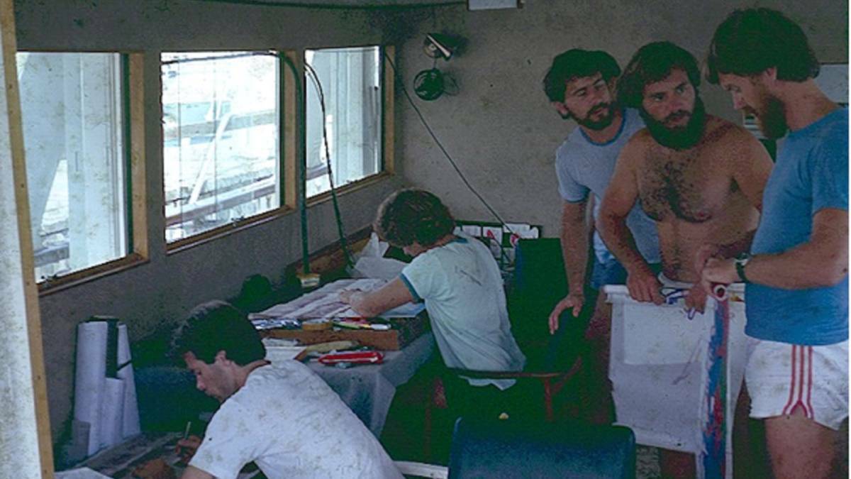 Angus Gordon (centre) aboard the 22 metre converted fishing trawler that the Public Works Department used to survey Stockton Bight in the early 1970s