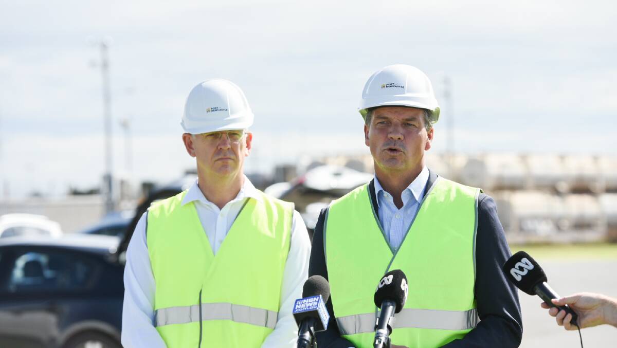 Port of Newcastle chief executive Craig Carmody and Angus Taylor at the port on Thursday. 