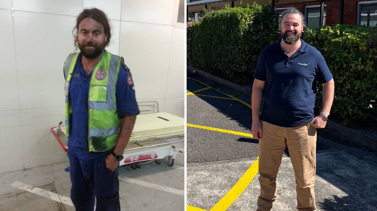 Allan Kruger-Davis (L) after responding to an incident at the Newcastle coal loader as a paramedic and (R) as a recent Transgrid graduate. 