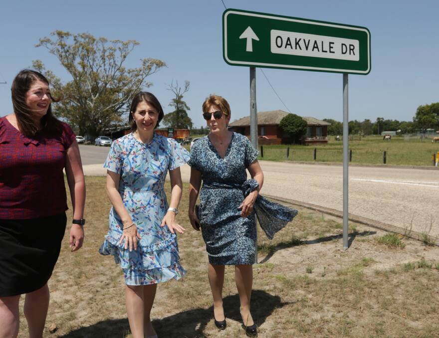 Campaign trail: Jaimie Abbott, Gladys Berejiklian and Catherine Cusack announcing the  upgrade of Nelson Bay Road in January. Picture: Simone De Peak