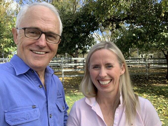 Former Prime Minister Malcolm Turnbull with independent candidate Kirsty OConnell at Aberdeen on Saturday. Picture: Twitter. 