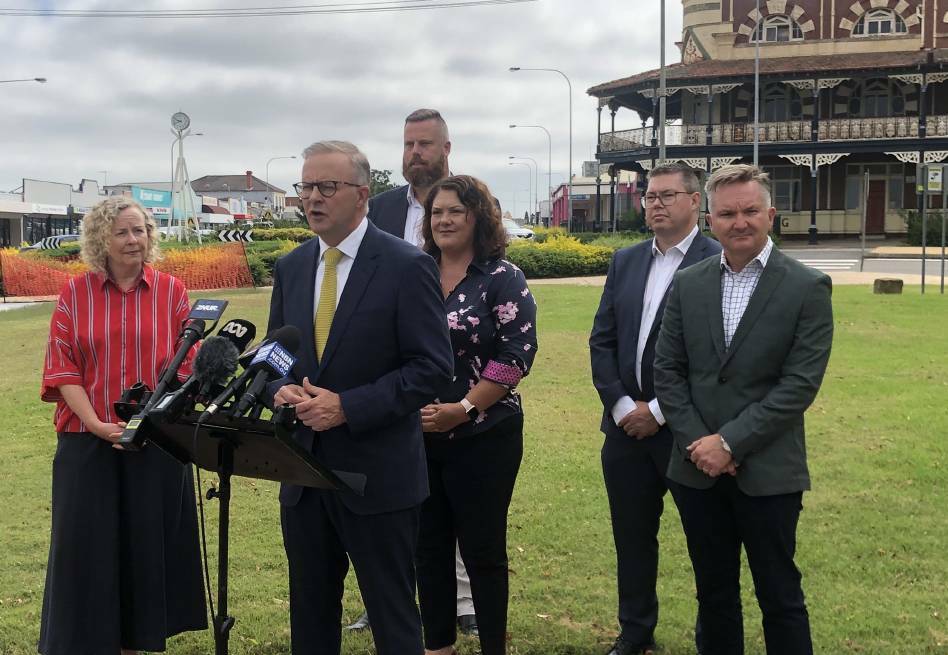 Peaking plans: Then Opposition Leader Anthony Albanese outlining Labor's plan to run the Hunter Power Project on green hydrogen in February. Picture: Matthew Kelly