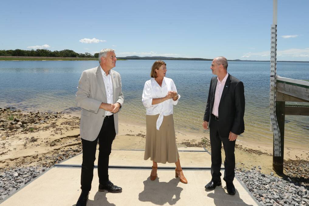 Going up: L-R: Hunter Water's acting chief executive Graham Wood, Water Minister Melinda Pavey and Hunter Water's chief investment officer Darren Cleary at Grahamstown Dam. Picture: Jonathan Carroll 