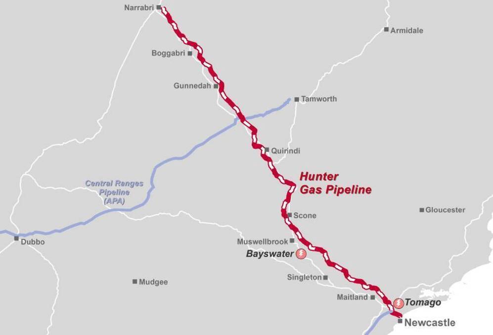 Map shows the indicative route of the Hunter Gas Pipeline.