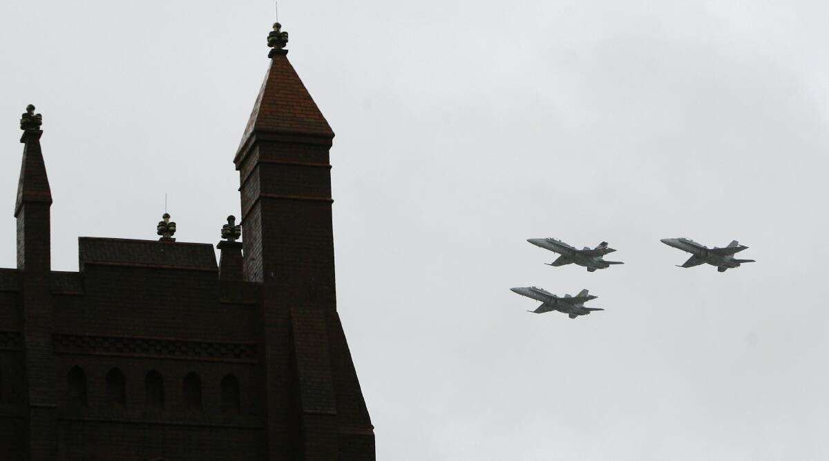 F/A-18s fly over Christ Church Cathedral February 2008 . Picture by Darren Pateman