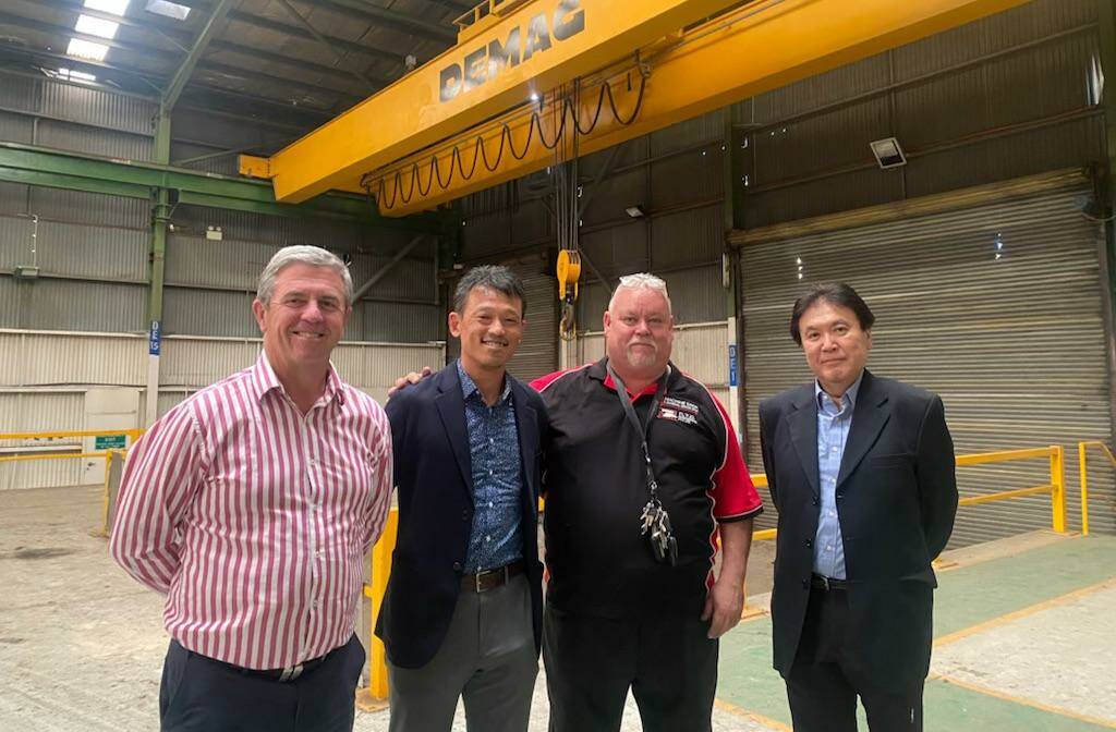Former UGL train manufacturing suite at Lansdowne near Taree L-R: Dr David Gillespie MP, Mr Yoshitake Tanabe from JTB Australia, Site Owner Bob McCrimmon and Mr Arti Yuno from JTB Australia