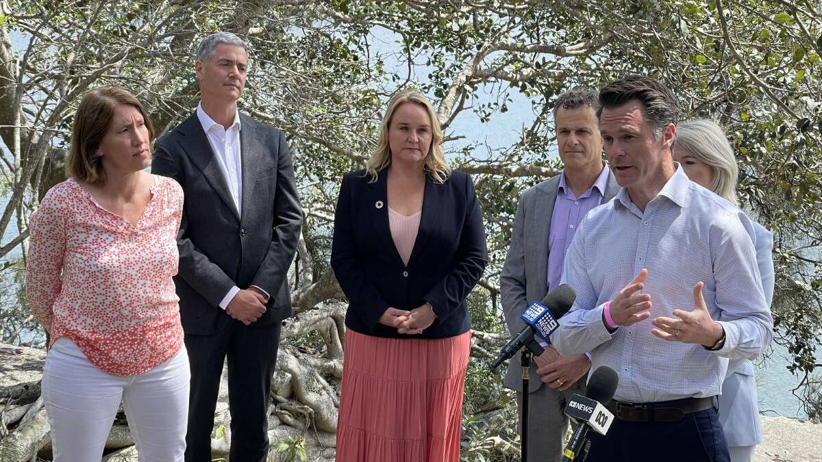 Opposition leader Chris Minns speaking at Middle Harbour last month about plans to ship toxic sludge from the construction of the Northern Beaches Link to Newcastle.