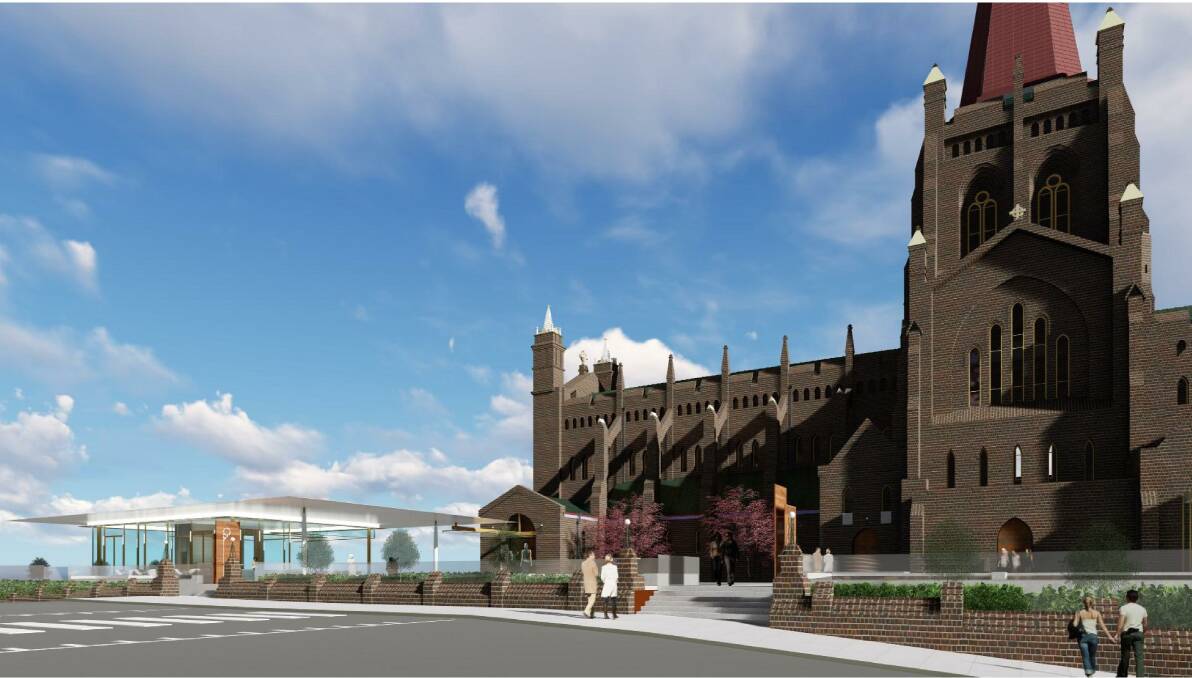 KNOCKED BACK. An EJE Architecture render of the proposed cafe and function centre at Christ Church Cathedral.