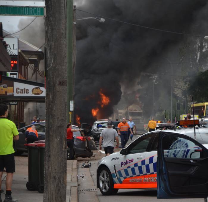 Carnage: George St, Singleton shortly after the truck driven by Johnson crashed on October 11, 2017. 