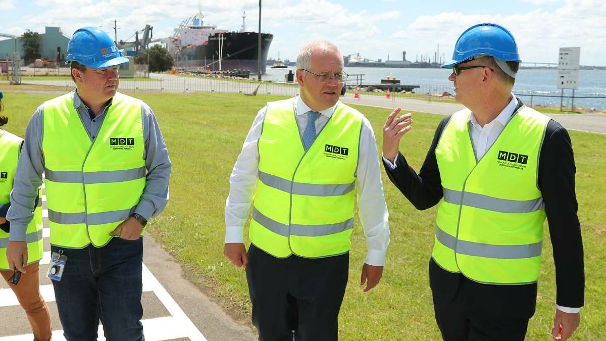 Scott Morrison with Port of Newcastle special project director and National Party senator -elect Ross Cadell and port chief executive officer Craig Carmody in March last year.