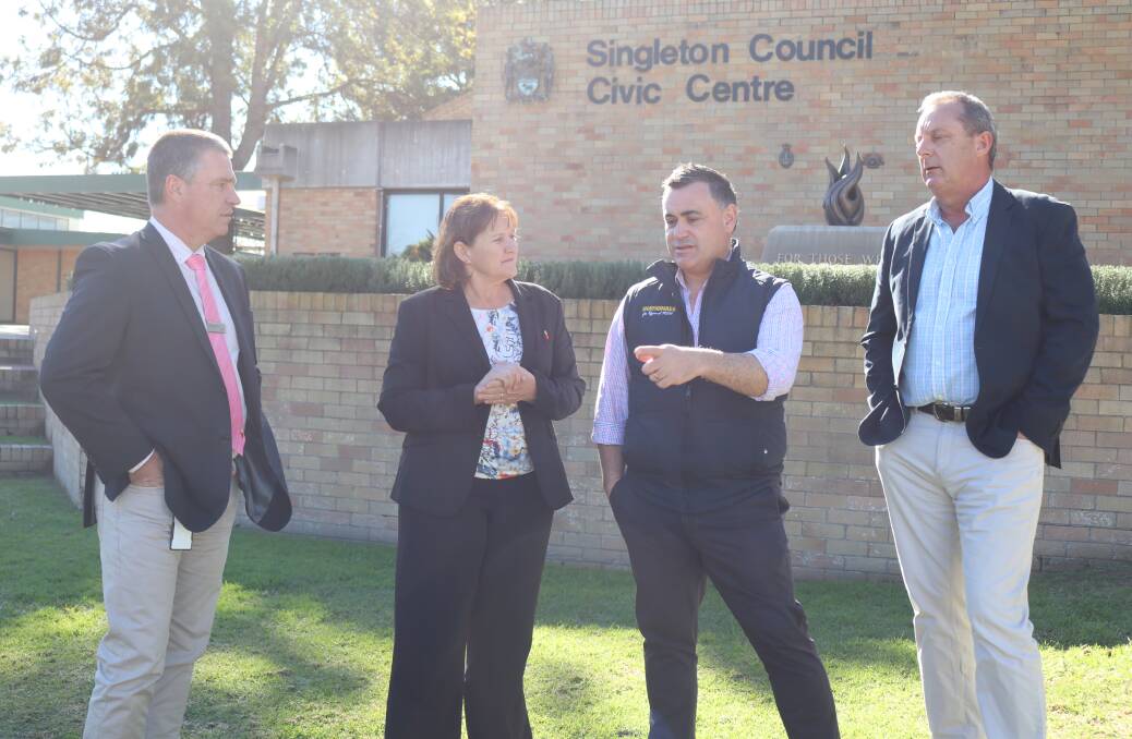 Welcome news: Singleton Council general manager Jason Linnane, Singleton mayor Sue Moore, Deputy Premier John Barilaro and Upper Hunter MP Michael Johnsen on Wednesday. 