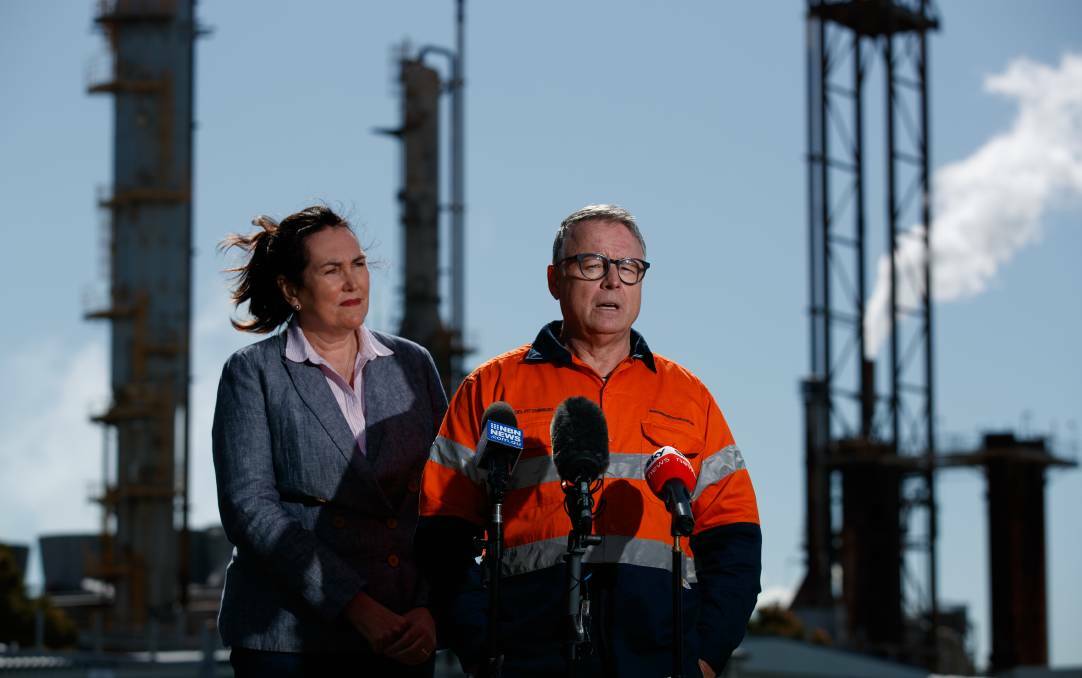Hunter MP Joel Fitzgibbon with NSW Senator Deborah O'Neill speaking after touring the Orica plant. Picture: Max Mason Hubers