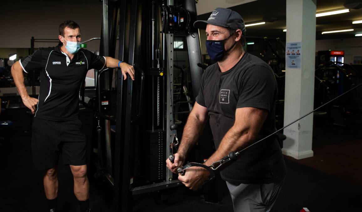 Moving forward: John Pirlo with Greg Arthur doing his first post-lockdown workout. Picture: Marina Neil