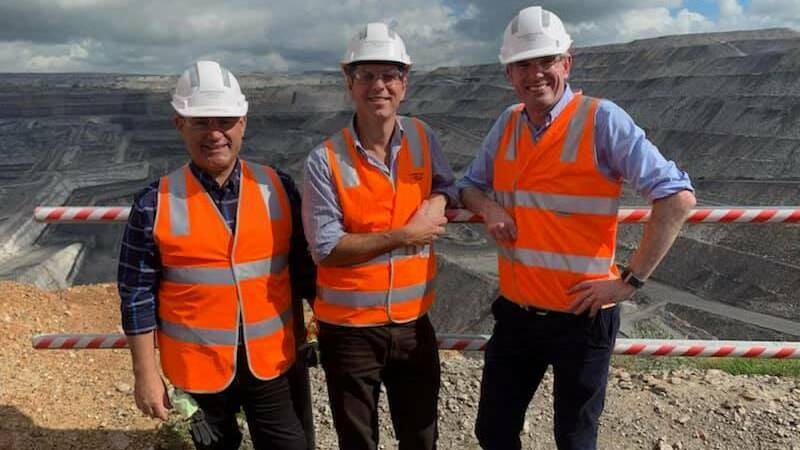 Campaign trail: Former Deputy Premier John Barilaro, Upper Hunter MP Dave Layzell and Premier Dominic Perrottet at an Upper Hunter mine. 