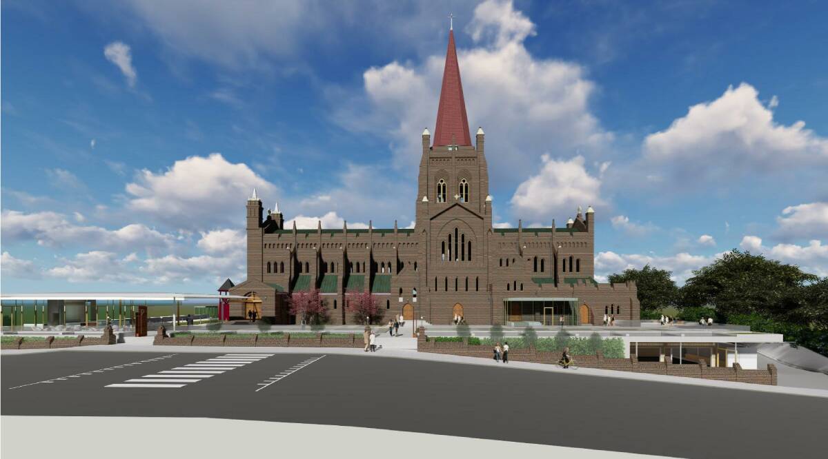 North view: Image shows the proposed cathedral centre looking north from Church Street. A spire has also been added to the cathedral. 