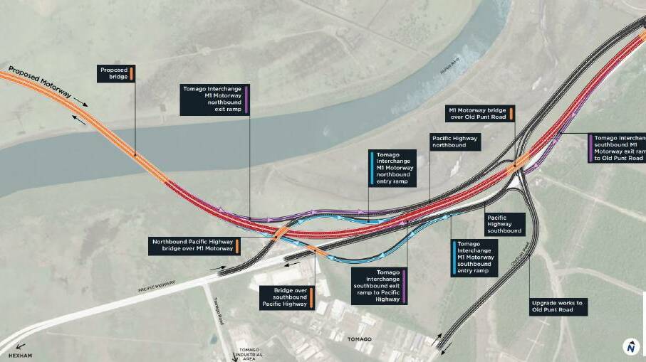  The revised designs of the central section of the proposed M1 Pacific Motorway extension. The road link, between Black Hill and Raymond Terrace, includes as 2.6 kilometre bridge over the Main Northern Railway, New England Highway, Hunter River and Woodlands Close