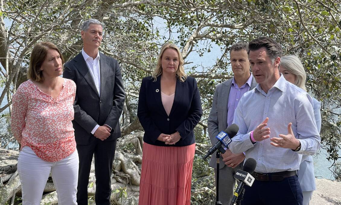 Opposition leader Chris Minns speaking at Middle Harbour last month about plans to ship toxic sludge from the construction of the Northern Beaches Link to Newcastle.